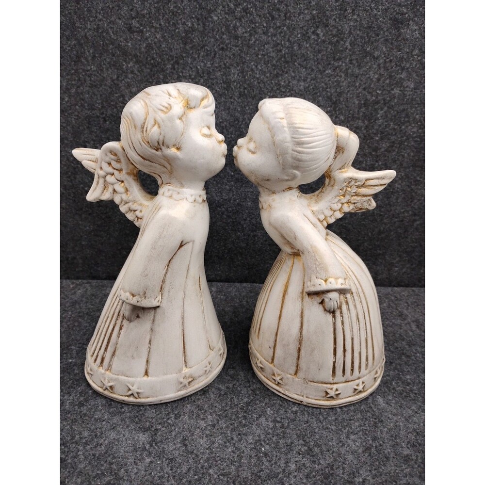 Vintage Kissing Angel Figurines Pair Hand Painted Signed Shabby 1980 Chic